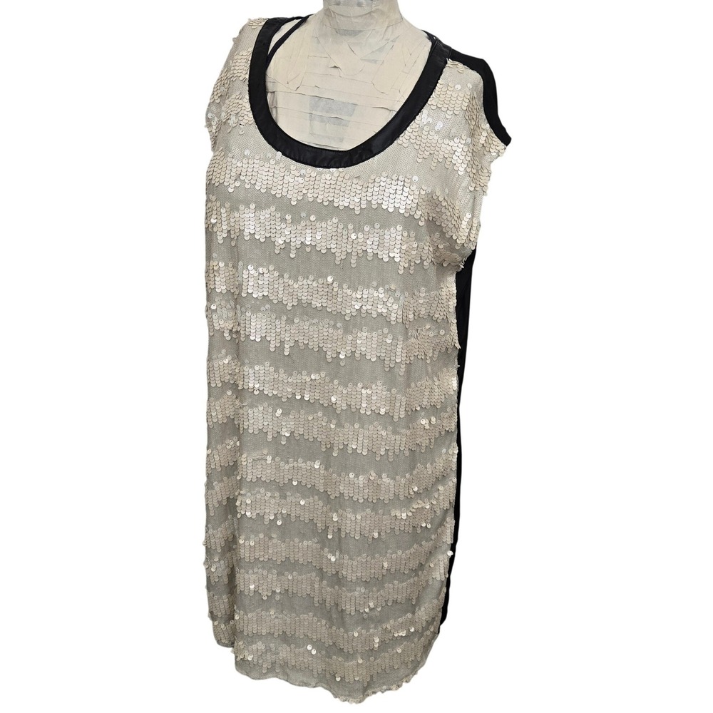 I. Madeline Sequin Shift Dress Large Cream Black Colorblock Mod‎ Party NWT Flaws